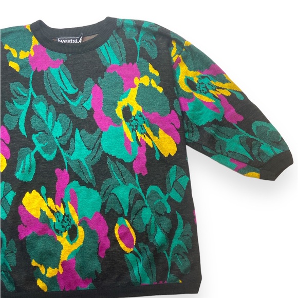Black and Teal Floral Vintage Knit Sweater Medium - Picture 2 of 6